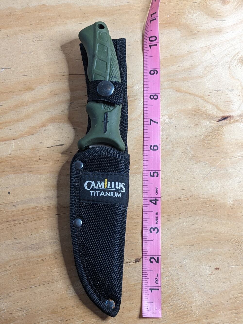Camillus Fixed Blade Titanium Knife Green Handle Sheath With Belt Loop